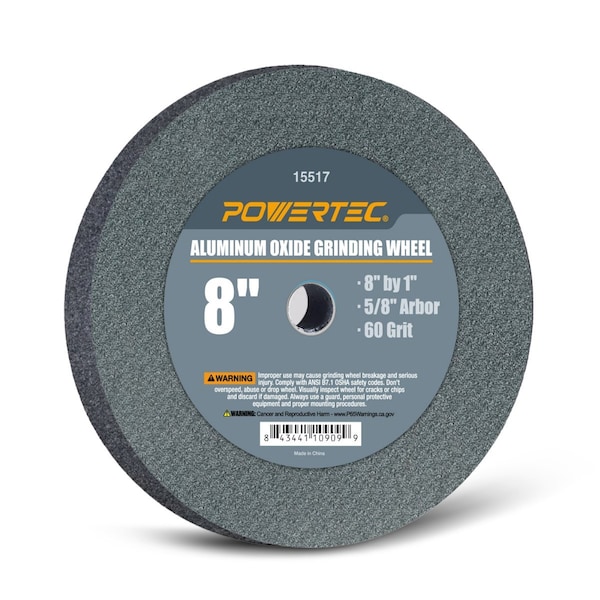 Powertec Aluminum Oxide Grinding Wheel, 8 in. x 1 in., 5/8 in. Arbor, 60 Grit - 15517