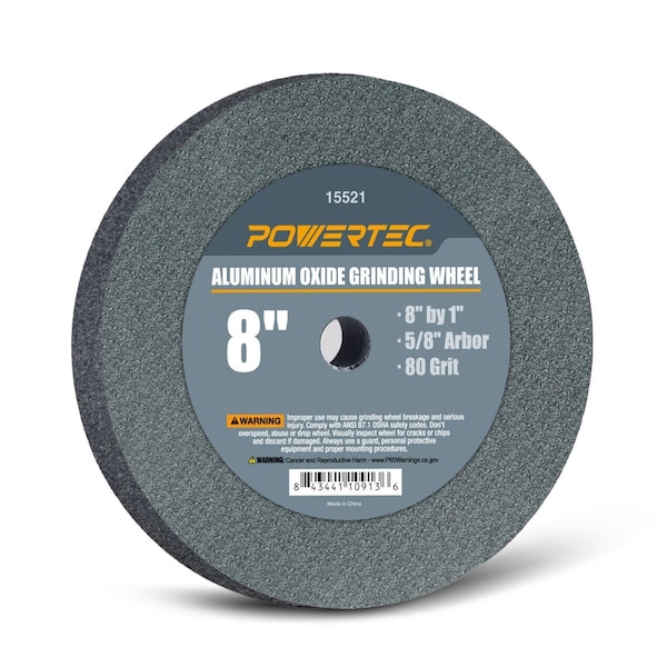 Powertec Aluminum Oxide Grinding Wheel 80 Grit, 8 in. x 1 in. with 5/8 in. Arbor - 15521