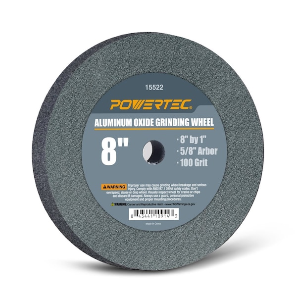 Powertec Aluminum Oxide Grinding Wheel 100 Grit, 8 in. x 1 in. with 5/8 in. Arbor - 15522