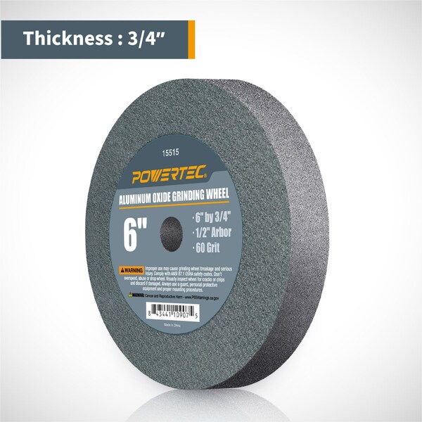 Powertec Aluminum Oxide Grinding Wheel, 6 in. x 3/4 in. with 1/2 in. Arbor, 60 Grit - 15515V
