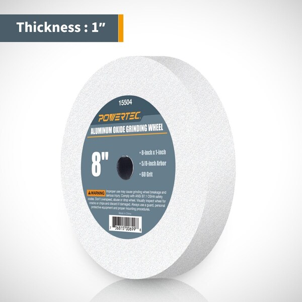 Powertec White Aluminum Oxide Grinding Wheel, 8 in. x 1 in. with 5/8 in. Arbor, 60 Grit, 2PK - 15504-P2