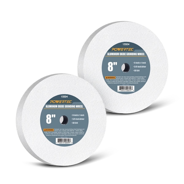 Powertec White Aluminum Oxide Grinding Wheel, 8 in. x 1 in. with 5/8 in. Arbor, 60 Grit, 2PK - 15504-P2