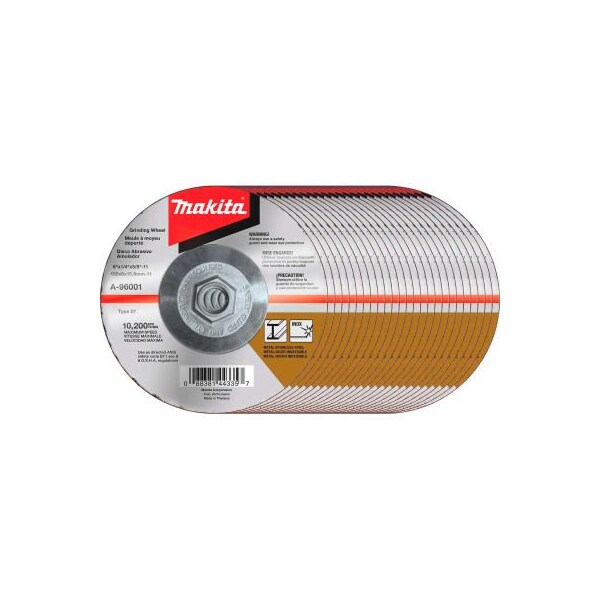 Makita Makita Hubbed INOX Grinding Wheel, 36 Grit, Type 27, 6inDia x 1/4inT x 5/8-11in Cntr HoleDia-5/Pk - A-96001-5