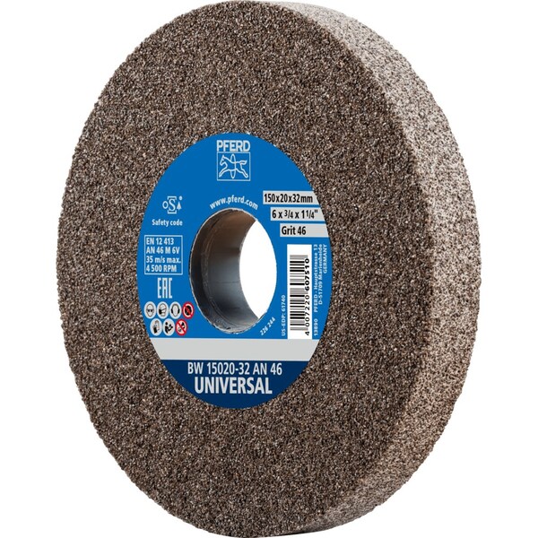 Pferd PFERD Vitrified Bench Wheel, UNIVERSAL, 6" x 3/4 x 1-1/4, 46 Grit, Aluminum Oxide - 61740