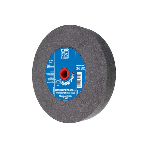 Pferd 12" x 2" Vitrified Bench Wheel - 1-1/2" A.H., Aluminum Oxide, 60 Grit - 61781