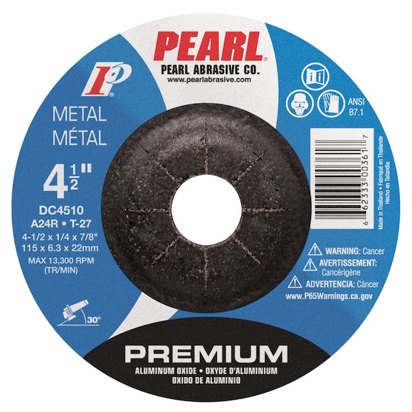 Pearl Premium AO DC Grinding Wheel 4-1/2 x 1/4 x 7/8 A24R T-27 - DC4510