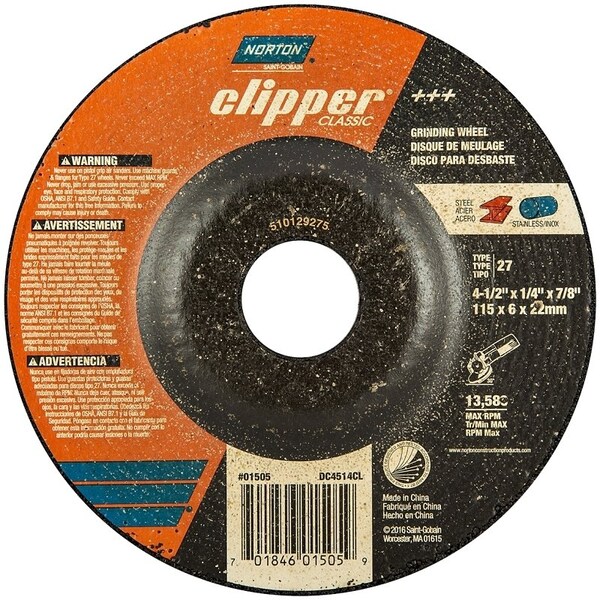 Norton Clipper Clipper Classic A AO Series Grinding Wheel, 412 in Dia, 14 in Thick, 78 in Arbor - 70184601505