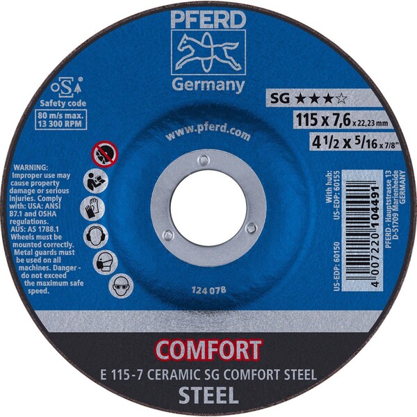 Pferd 60150 4-1/2in x 5/16in Grinding Wheel, 7/8in AH CERAMIC SG COMFORT STEEL, Type 27 - 60150-PFERD