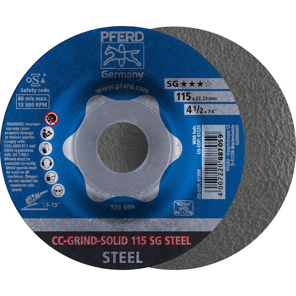 Pferd 61200 4-1/2in CC-GRIND-SOLID 7/8in A.H. - SG for STEEL - 61200-PFERD