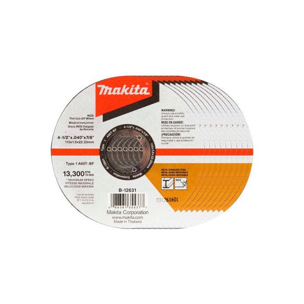 Makita Makita INOX Thin Cut-Off Wheel, 60 Grit, Type 1, 4-1/2inDia x 1/25inT x 7/8inCntr Hole Dia, 10/Pk - B-12631-10