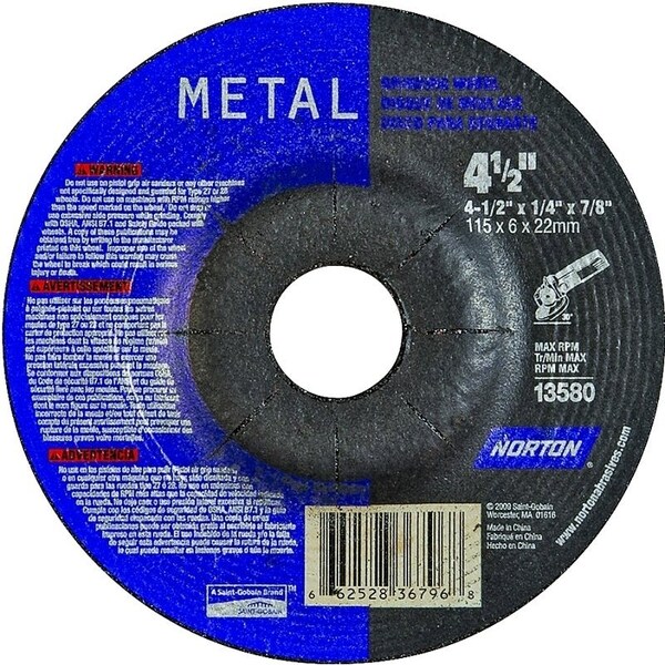Norton Co Grinding Wheel, 412 in Dia, 14 in Thick, 78 in Arbor, 24 Grit, Extra Coarse - 66252836796