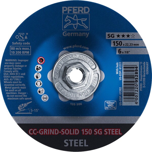 Pferd 61222 6in CC-GRIND-SOLID 5/8-11 Thd. - SG for STEEL - 61222-PFERD