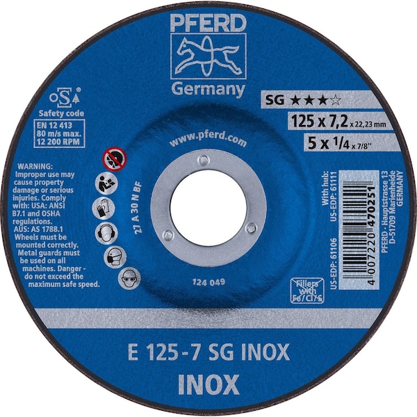 Pferd 61106 5in x 1/4in Grinding Wheel, 7/8in AH A 30 N SG-INOX - Type 27 - 61106-PFERD