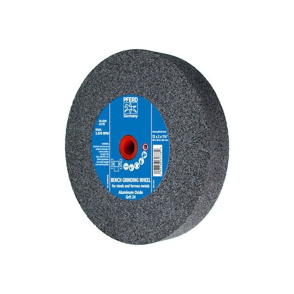 Pferd 12" x 2" Vitrified Bench Wheel - 1-1/2" A.H., Aluminum Oxide, 24 Grit - 61778