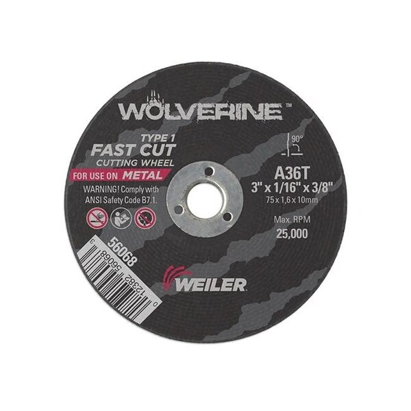 Weiler Weiler 804-56068 3 x .625 x .375 in. Wolverine Type 1 Cutting Wheel; A36T - 804-56068