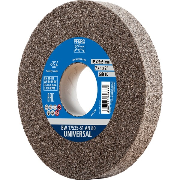 Pferd PFERD Vitrified Bench Wheel, UNIVERSAL, 7" x 1 x 2, 80 Grit, Aluminum Oxide - 61757