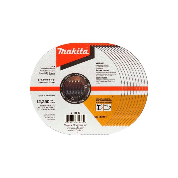 Makita Makita INOX Thin Cut-Off Wheel, 60 Grit, Type 1, 5in Dia x 1/25inT x 7/8in Cntr Hole Dia, 10/Pk - B-12647-10