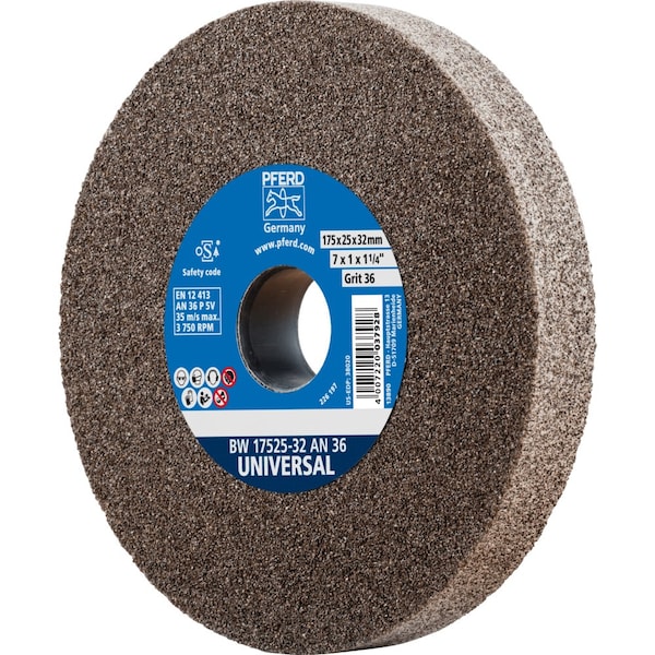 Pferd PFERD Vitrified Bench Wheel, UNIVERSAL, 7" x 1 x 2, 36 Grit, Aluminum Oxide - 61754