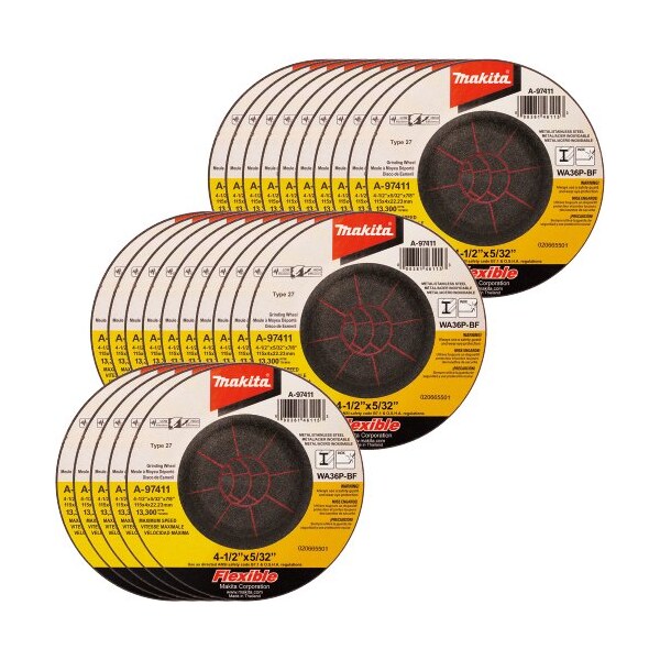 Makita Makita INOX Flex Grinding Wheel, 36 Grit, Type 27, 4-1/2inDia x 5/32in x 7/8in Cntr HoleDia-25/Pk - A-97411-25