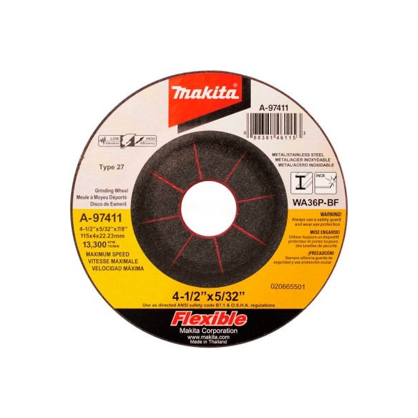 Makita Makita INOX Flex Grinding Wheel, 36 Grit, Type 27, 4-1/2inDia x 5/32in x 7/8in Cntr HoleDia-25/Pk - A-97411-25