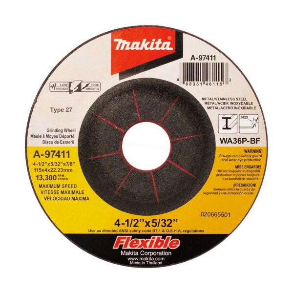 Makita Makita INOX Flex Grinding Wheel, 36 Grit, Type 27, 4-1/2inDia x 5/32in x 7/8in Cntr HoleDia-25/Pk - A-97411-25