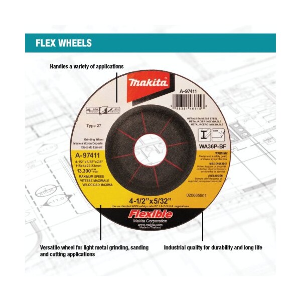 Makita Makita INOX Flex Grinding Wheel, 36 Grit, Type 27, 4-1/2inDia x 5/32in x 7/8in Cntr HoleDia-25/Pk - A-97411-25