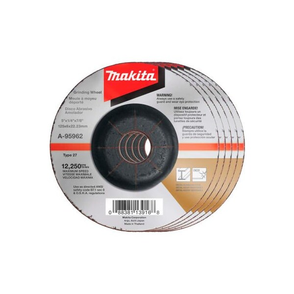 Makita Makita INOX Grinding Wheel, 36 Grit, Type 27, 5in Dia x 1/4inT x 7/8in Cntr Hole Dia, 25/Pk - A-95962-25