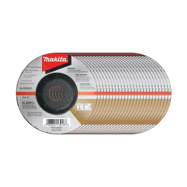 Makita Makita INOX Grinding Wheel, 36 Grit, Type 27, 5in Dia x 1/4inT x 7/8in Cntr Hole Dia, 25/Pk - A-95962-25