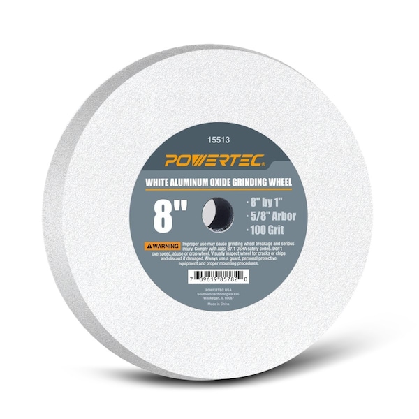 Powertec 100 Grit 5/8 in. Arbor White Aluminum Oxide Grinding Wheel, 8 in. x 1 in. - 15513