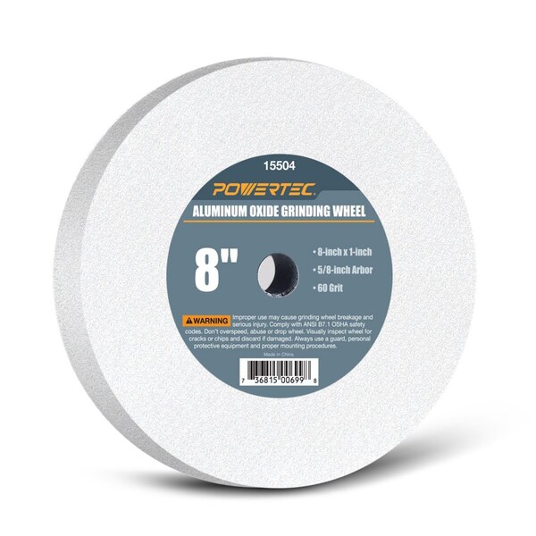 Powertec 60 Grit Aluminum Oxide Grinding Wheel, 8-Inch by 1-Inch, 5/8-Inch Arbor, White - 15504