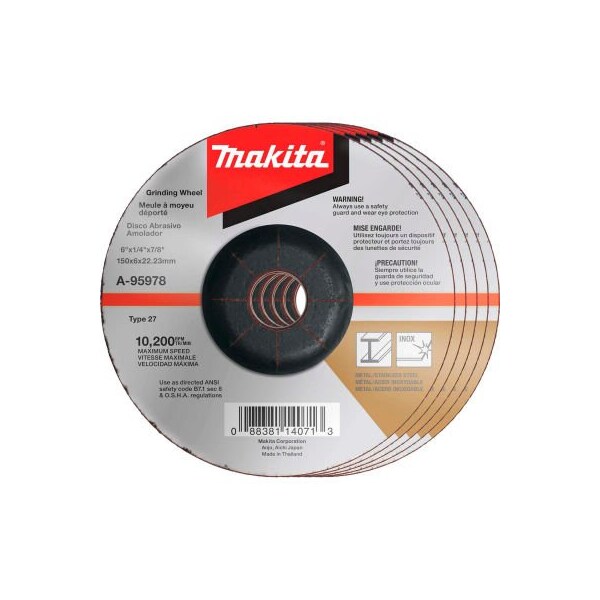 Makita Makita INOX Grinding Wheel, 36 Grit, Type 27, 6in Dia x 1/4inT x 7/8in Cntr Hole Dia, 25/Pk - A-95978-25