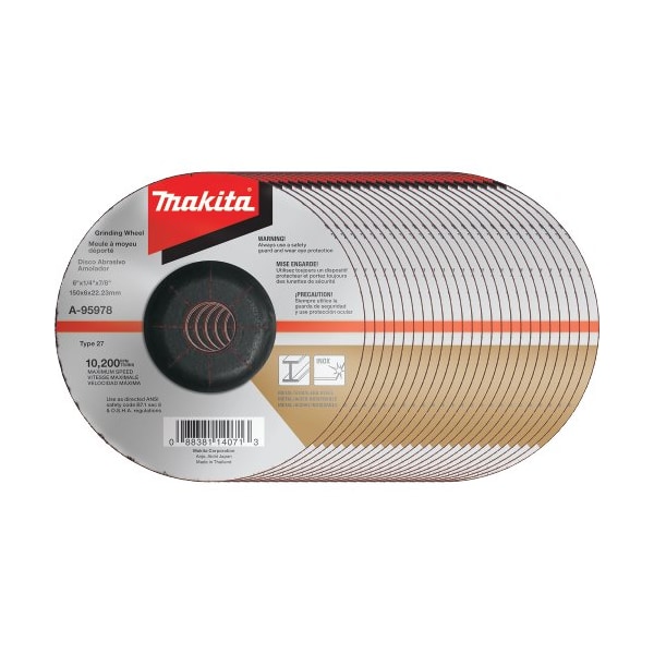 Makita Makita INOX Grinding Wheel, 36 Grit, Type 27, 6in Dia x 1/4inT x 7/8in Cntr Hole Dia, 25/Pk - A-95978-25