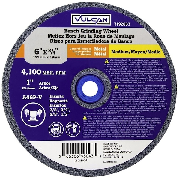 Vulcan Vulcan Straight Bench Grinding Wheel, 6 In Dia, 1 In, 6 Grit, Medium Grade, 4100 Rpm, Aluminum Oxide - 980430OR
