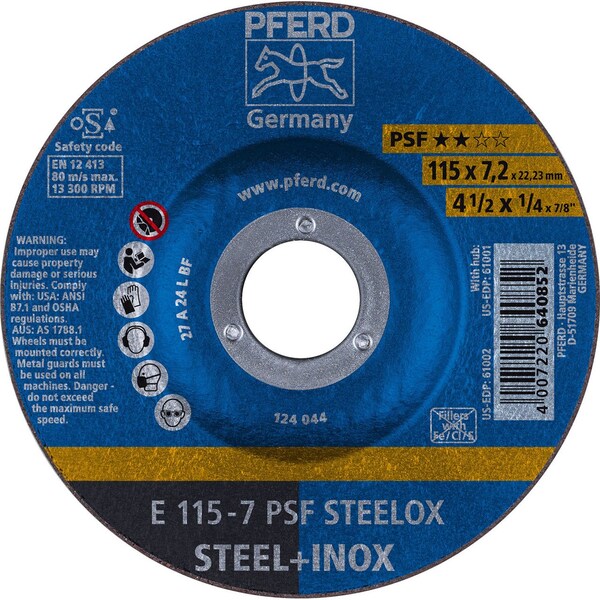 Pferd 61002 4-1/2in x 1/4in Grinding Wheel, 7/8in AH A 24 L PSF-INOX - Type 27 - 61002-PFERD