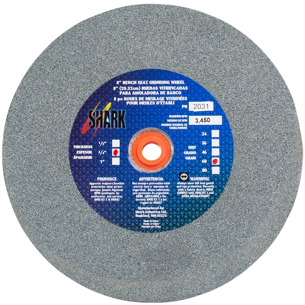 Shark Industries 8-in. x 3/4-in. x 1-in. Bench Seat Grinding Wheel 60 Grit, Aluminum Oxide - 2031