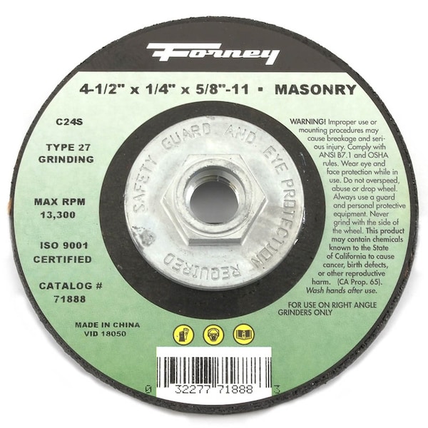 Forney Grinding Wheel, Masonry, Type 27, 4-1/2 in x 1/4 in x 5/8 in-11 - 71888