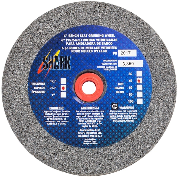 Shark Industries 6-in. x 3/4-in. x 1-in. Bench Seat Grinding Wheel 46 Grit, Aluminum Oxide - 2017