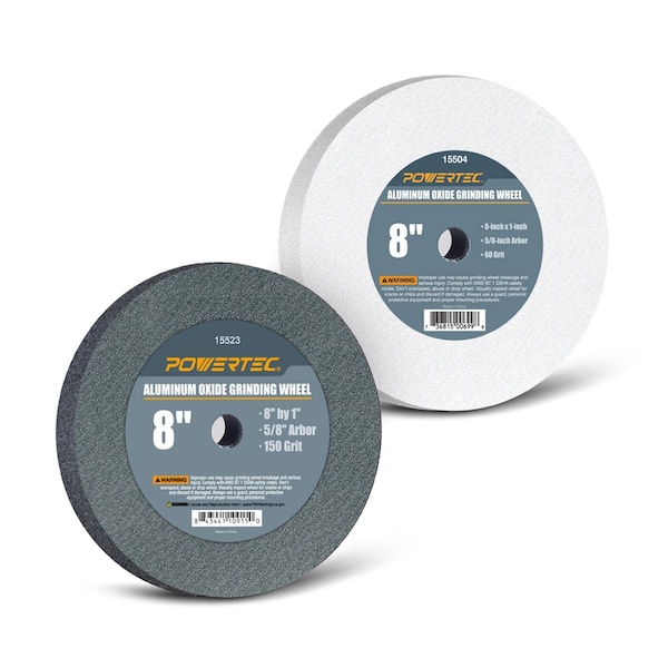 Powertec Aluminum Oxide Grinding Wheel, 8 in. x 1 in. with 5/8 in. Arbor, 150 Grit & White 60 Grit, 2PK - 15528