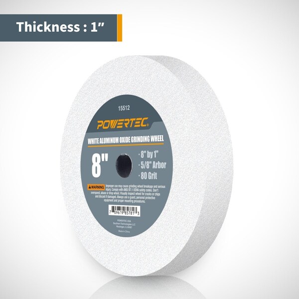 Powertec 80 Grit Aluminum Oxide Grinding Wheel, 8-Inch by 1-Inch, 5/8-Inch Arbor, White - 15512