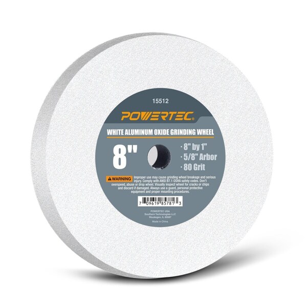 Powertec 80 Grit Aluminum Oxide Grinding Wheel, 8-Inch by 1-Inch, 5/8-Inch Arbor, White - 15512