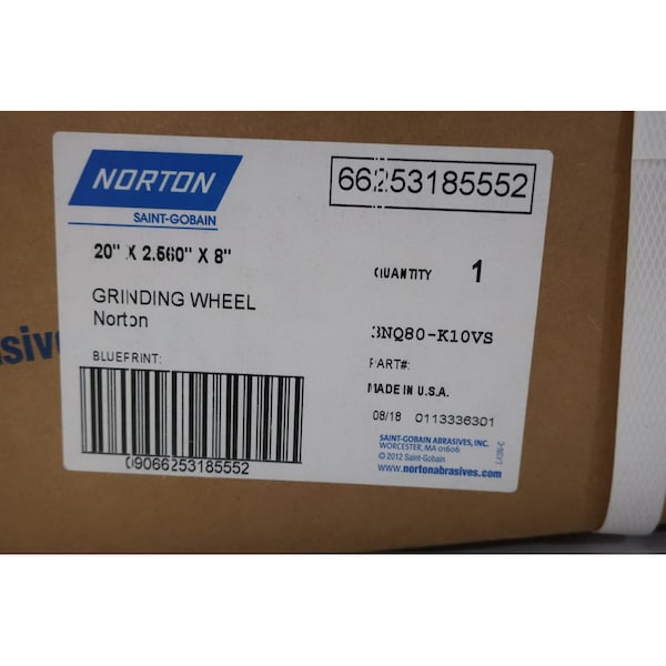 Norton Co Saint-Gobain 20-Inch X 2.560-Inch X 8-Inch Grinding Wheel - 66253185552 3NQ80-K10VS