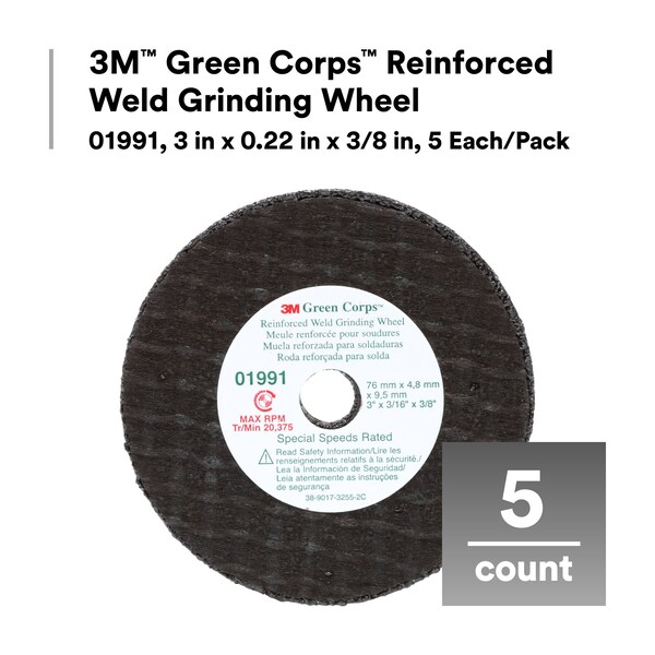 3M 3M Reinforced Weld Grinding Wheel 01991, 3 in x 0.22 in x 3/8 in, 10PK - 1991
