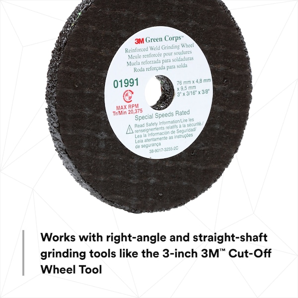 3M 3M Reinforced Weld Grinding Wheel 01991, 3 in x 0.22 in x 3/8 in, 10PK - 1991