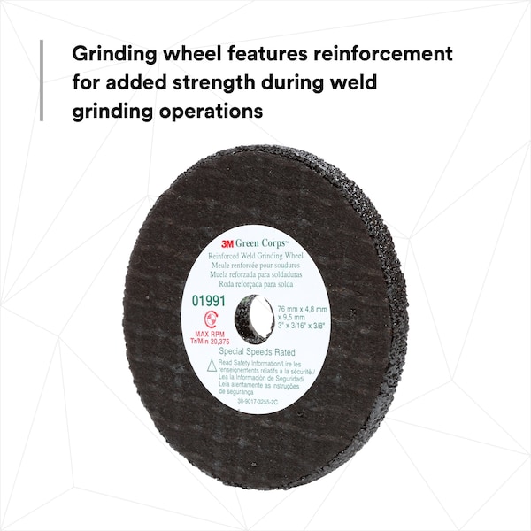 3M 3M Reinforced Weld Grinding Wheel 01991, 3 in x 0.22 in x 3/8 in, 10PK - 1991