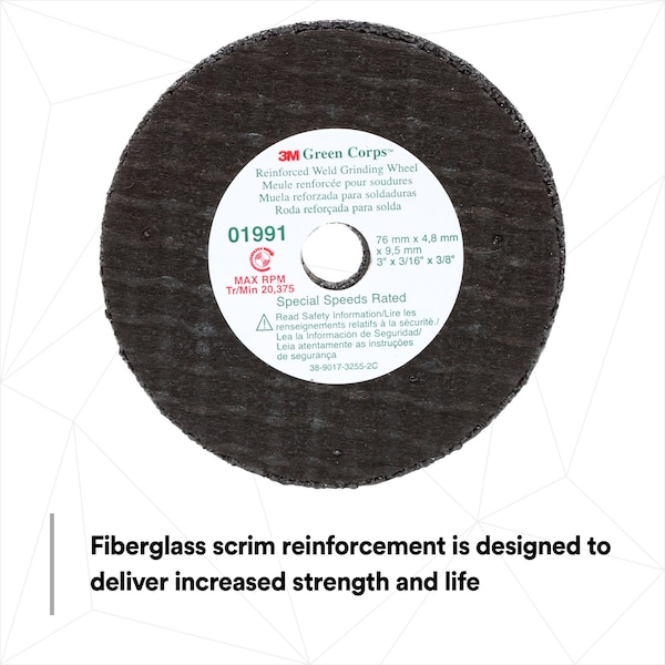 3M 3M Reinforced Weld Grinding Wheel 01991, 3 in x 0.22 in x 3/8 in, 10PK - 1991