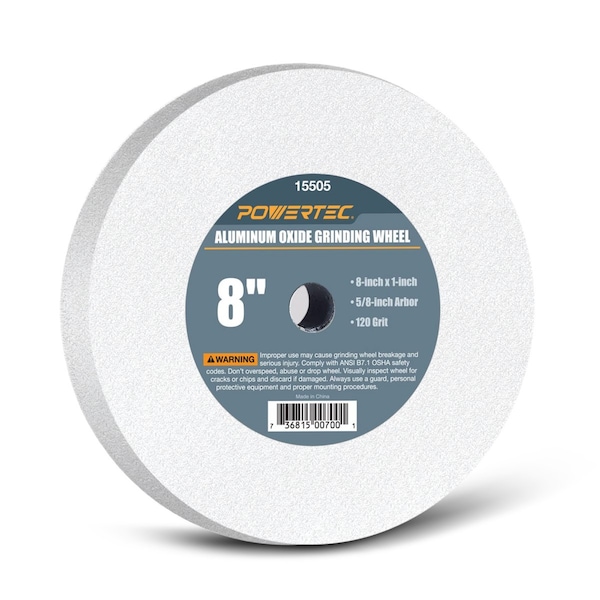 Powertec White Aluminum Oxide Grinding Wheel, 8-Inch by 1-Inch, 5/8-Inch Arbor, 120 Grit - 15505