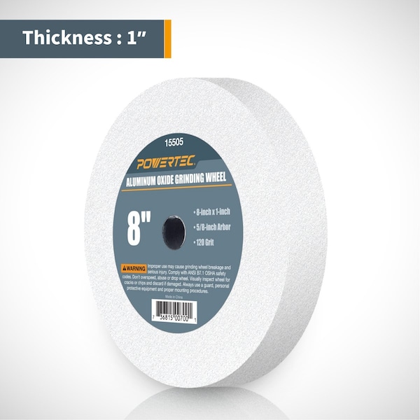 Powertec White Aluminum Oxide Grinding Wheel, 8-Inch by 1-Inch, 5/8-Inch Arbor, 120 Grit - 15505