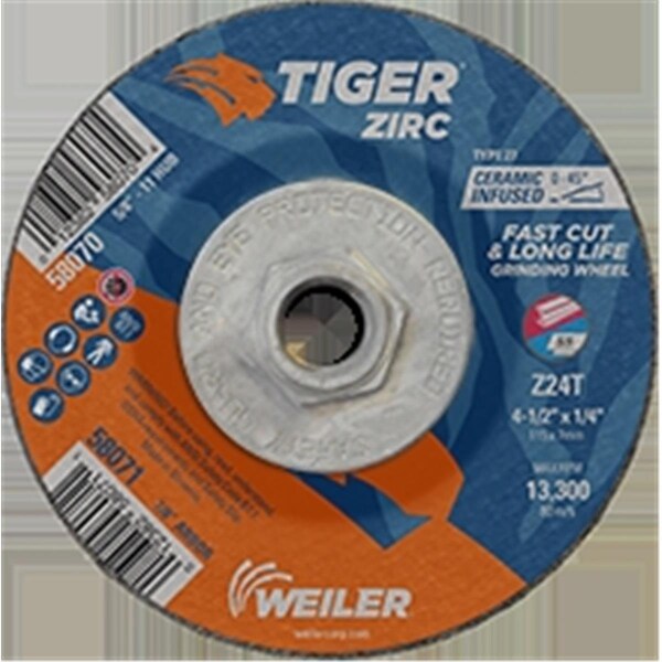 Weiler Weiler 804-58070 4.5 x 0.25 in. Tiger Zirc Type 27 Grinding Wheel; Z24T - 0.62-11 in. Nut; Pack of 10 - 804-58070