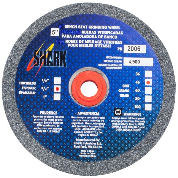 Shark Industries 5-in. x 3/4-in. x 1/2-in. Bench Seat Grinding Wheel 46 Grit, Aluminum Oxide - 2006