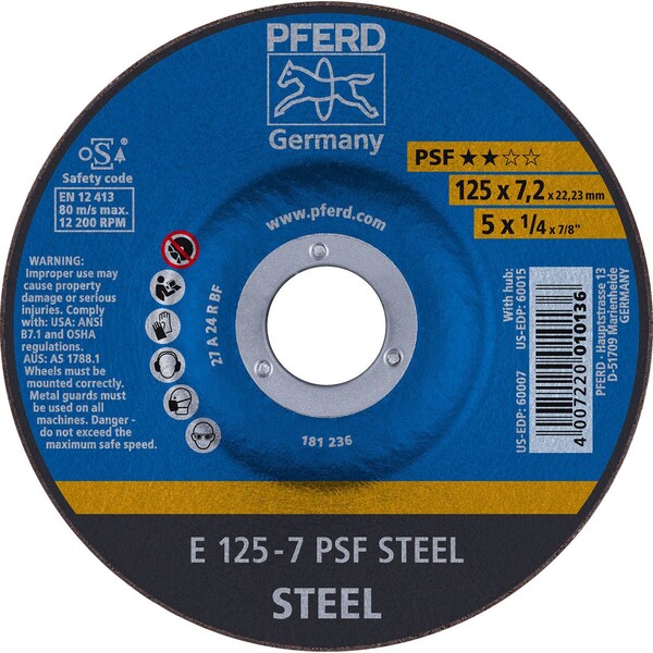 Pferd 60007 5in x 1/4in Grinding Wheel 7/8in AH A 24 R PSF- STEEL - Type 27 - 60007-PFERD
